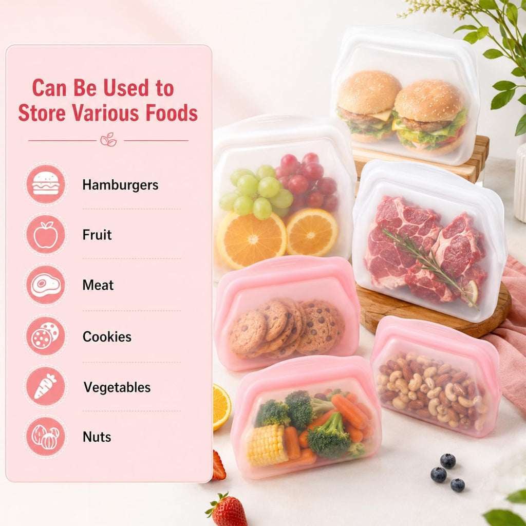 5Pcs Reusable Silicone Food Storage Bags, Leak‑Proof Freezer Storage Bags